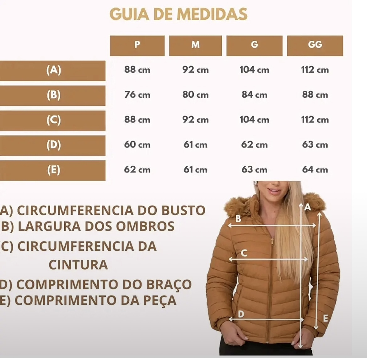 Tabela de medidas — Jaqueta Feminina Puffer Forrada Impermeável Inverno
