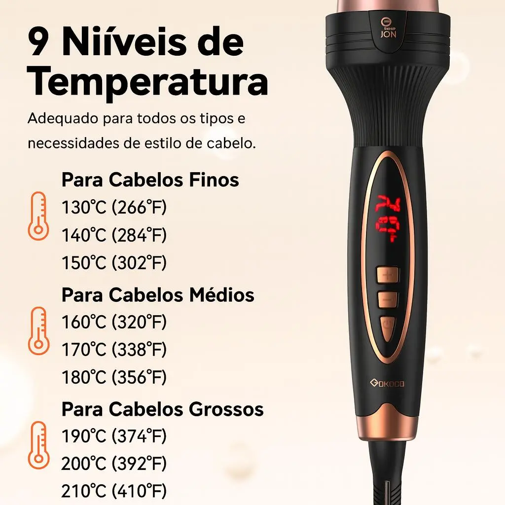 GOKOCO Escova Modeladora de Íons Negativos 38 mm — 9 Temperaturas, Alisa e Cacheia, Aquecimento PTC Duplo - 7