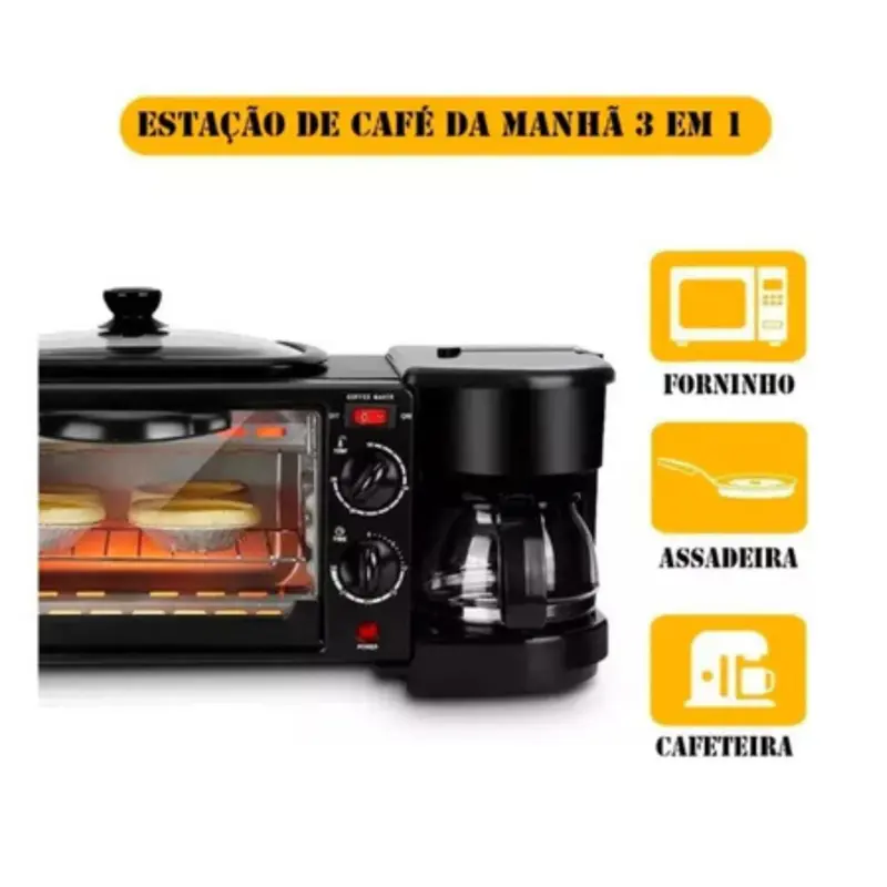 Forno Forninho Elétrico 3 Em 1 Cafeteira Grill Assadeira Café Da Manhã - 5