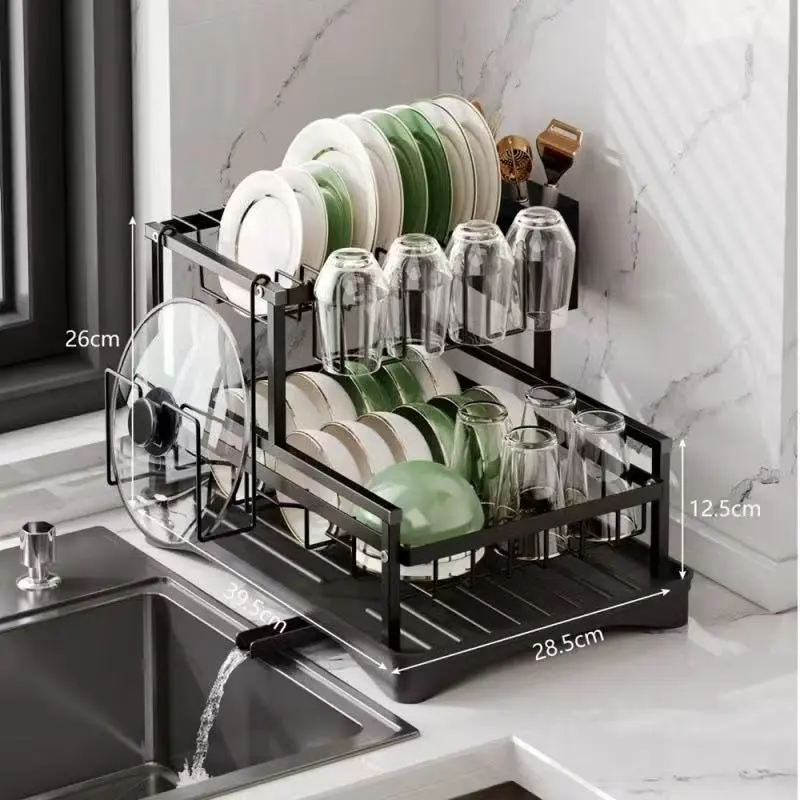 Escorredor de Louças Rack Aço Carbono Organizador 2 Andares — Cor Preto
